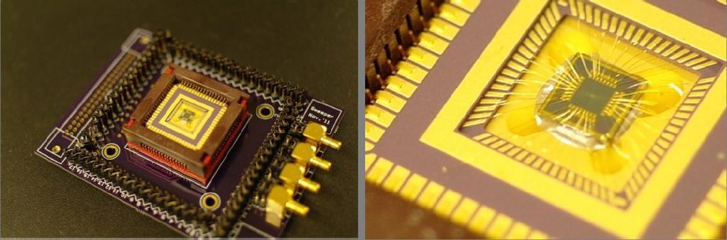 Figure 5. Optical micrograph of the MEMS optical phased array mounted on a chip carrier, chip socket, and circuit board. Close-up view of the packaged die with 64 gold wirebonds. 4.