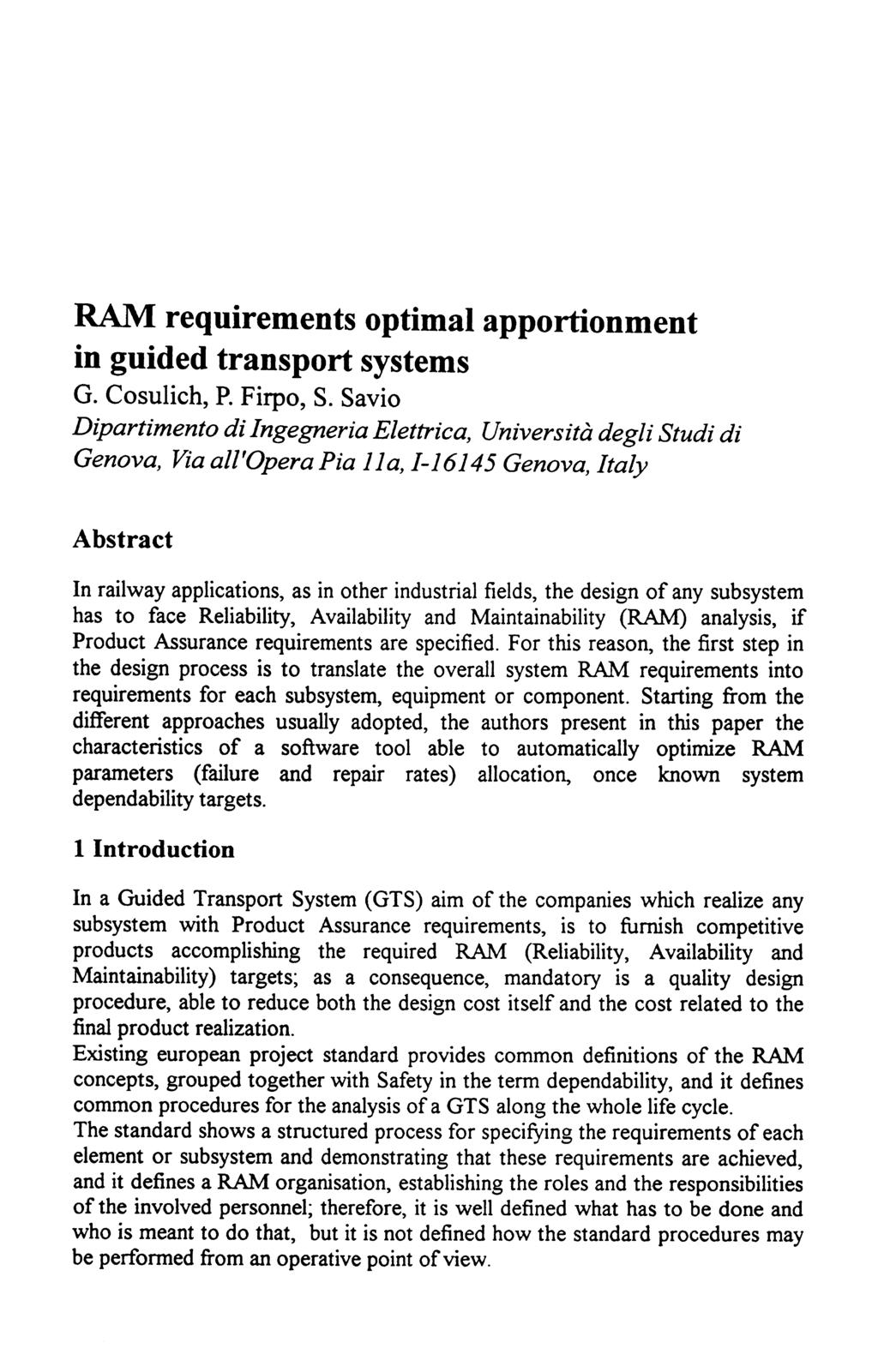 RAM requirements optimal apportionment in guided transport systems G. Cosulich, P. Firpo, S.
