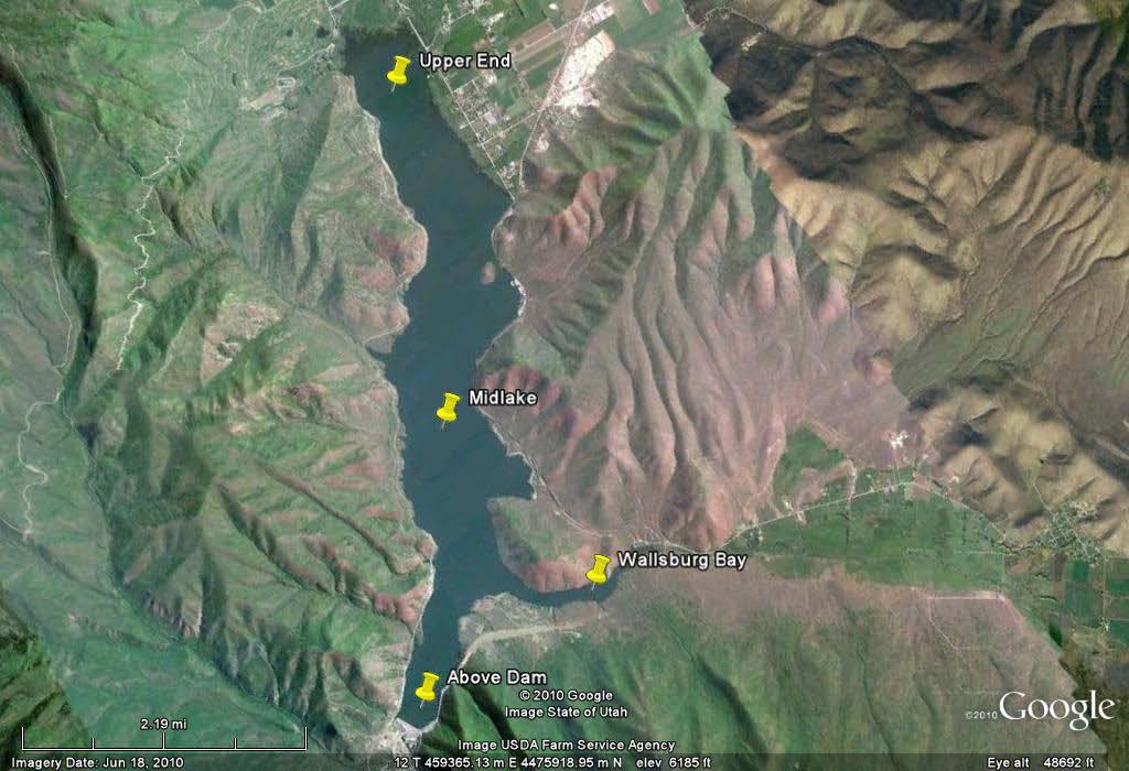 Figure 2.1: Sampling locations on Deer Creek Reservoir (Google Earth Image) 2.