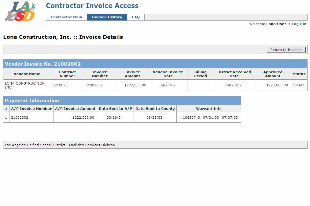 Viewing Invoice History (cont.) After clicking on the Invoice Number, you can view the information specific to that invoice.
