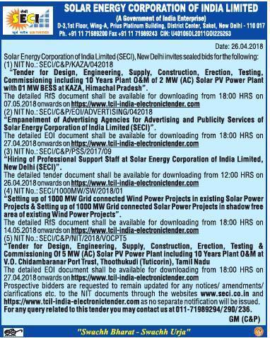 First Notice for Hybrid Tender NiT (April 26, 2018) 1000 MW of wind in