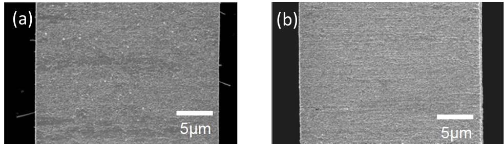 Figure 8 - The effect of surface roughness for 3 μm of tin (1000 hr at 30 C; 60% RH): (a) Ra = 0.13 μm, showing whisker growth and (b) Ra = 0.47 μm, showing no whisker growth.