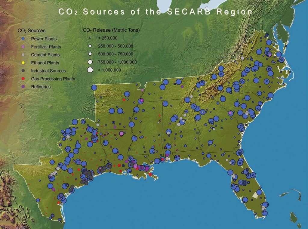 SECARB CO2 Sources More than 800 large, stationary sources of CO2 in the SECARB Region are