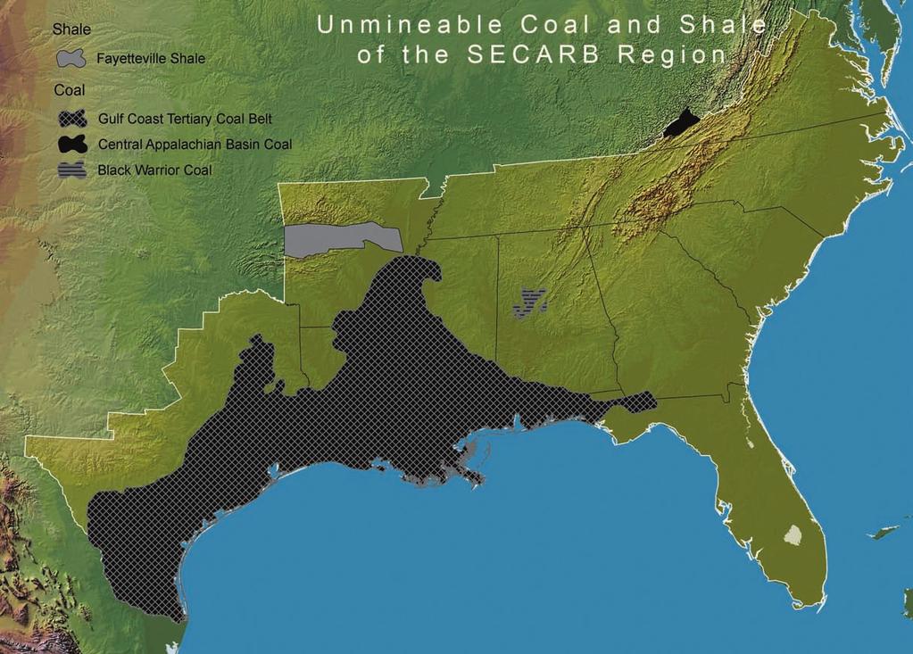 SECARB Coal Seams and Gas Shales Three significant coal basins and one gas shale basin have been appraised within the SECARB Region.