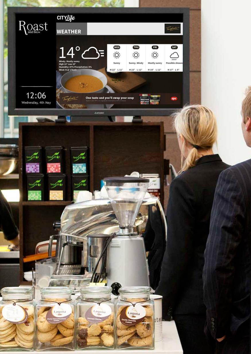 CAFÉ ~150 CBD cafés nationally equipped with digital screens and client-sponsored Wi-Fi Similar hard to get audiences as in Office segment, reaching >280k urban professionals per fortnight Cafes are
