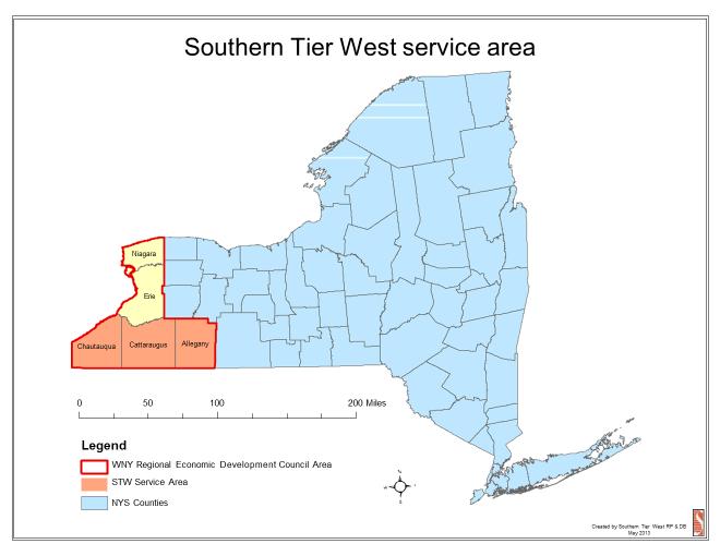 Southern Tier West RPDB Chartered by Allegany, Cattaraugus, Chautauqua Counties in late 1960s Regional planning and development assistance; emphasis on economic and community development initiatives