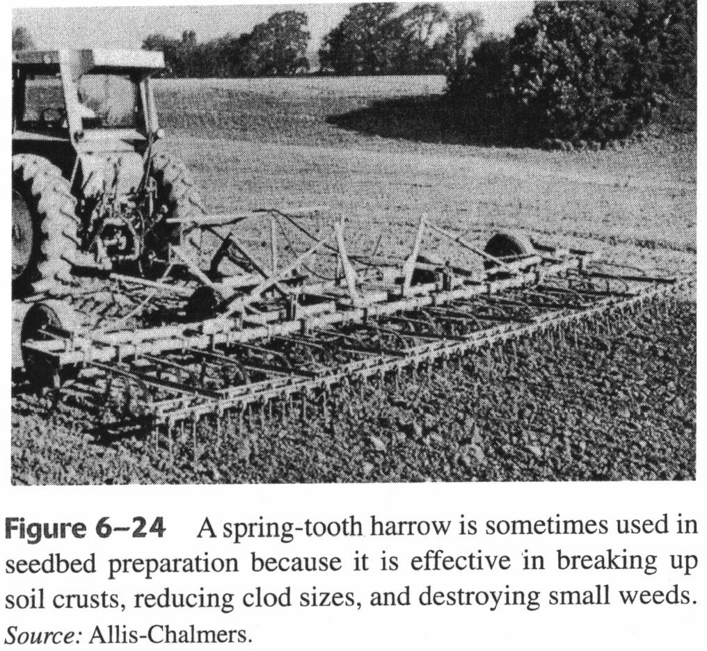 Harrowing The function of the harrow is to reduce further the size of soil clods left after disking, to smooth the soil surface, and to do small-scale leveling.