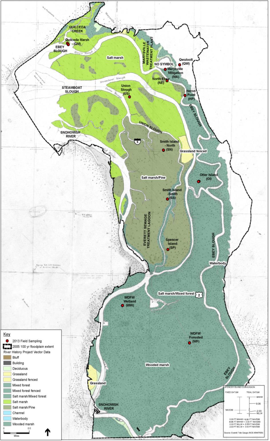 Snohomish Estuary (draft data) 4000 ha original marsh, 600ha remaining. Mostly converted to agriculture and abandoned agr (wet soils). Subsided by c.2m 4.