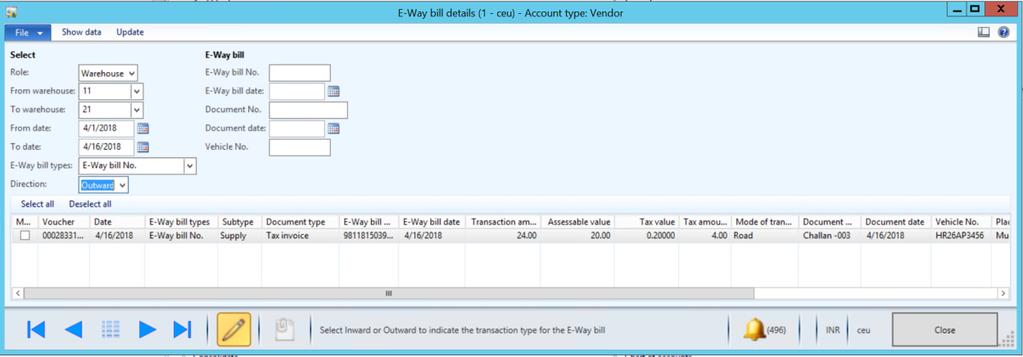 c In the From date and To date fields, define a date range. d In the E-Way bill type field, select the type of EE-Way bill. bill. e In the Direction field, select Inward. f Click Show data.
