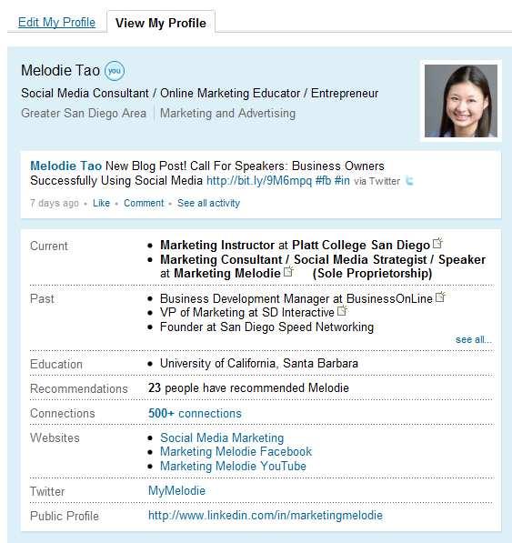 LinkedIn Profile Info Status Updates- Allow others to gain insight on your professional developments: Focus on updates that provide value about your expertise and company Showcase other websites