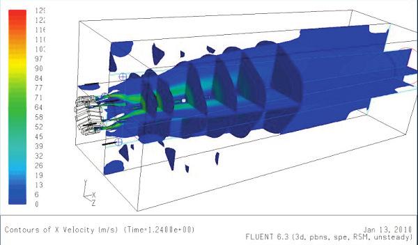 Nota tecnica Table 5 Comparison between a traditional 420t/h RHF with a regenerative RHF fed with natural gas and BFG. Fig. 19 CFD simulation of a prototype burner.
