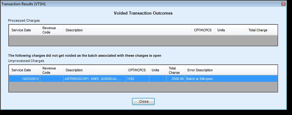 Void a Charge Charges that were posted in a batch that is now closed, but whose billing period is still open can be voided. When a charge is voided, the charge is zeroed and marked as a voided charge.