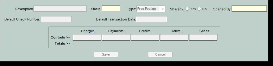 o Free Posting Allows all types of financial entries into the Batch. Free Posting Batches are accessible from the Charges, Pay/Adj, and Deposits screens.