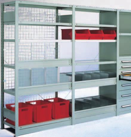 META QUICK Boltless shelving System components Starter bay Add-on bay Open fronted plastic storage bins META Shelving systems Mesh Back Panel Mesh Shelf Dividers Anti-spill trough shelf fronts Plain