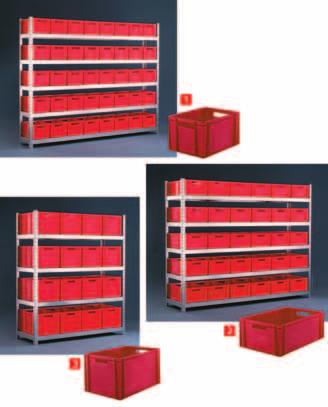META SPEED-RACK Wide Span shelving Standard kits complete with Euro containers Scope of delivery: 4 supporting profiles 16 / 20 stepped beams 8 / 10 A-cross support bars 4 clip-in feet 4 supporting