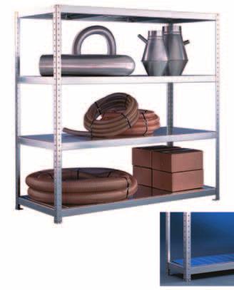 META SPEED-RACK Wide Span shelving Complete bays with metal inset panels Contents of the complete bays: 4 uprights 8 stepped longitudinal beams 8 stepped cross beams 8 A-cross support bars 4 clip-in