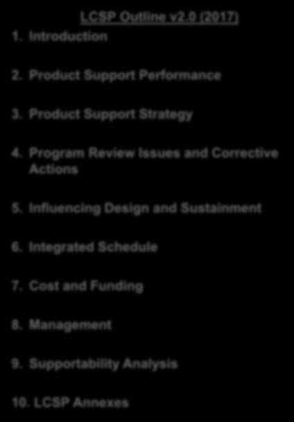 Program Review Issues and Corrective Actions 5. Influencing Design and Sustainment 6. Integrated Schedule 7. Cost and Funding 8.
