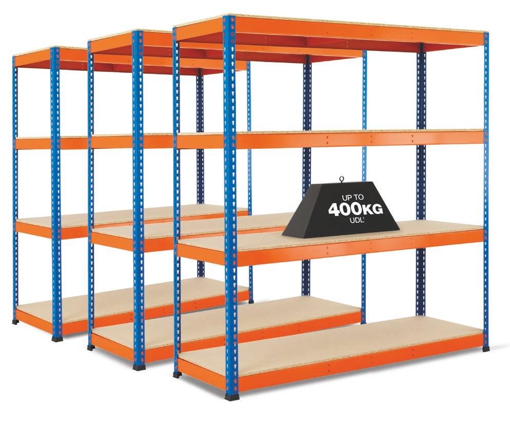 SHELVING BiG400 SHELVING BiGDUG s Medium Duty, general-purpose racking with a maximum load capacity of up to 400kg UDL per shelf and a total loading capacity of up to 1600kg per bay.