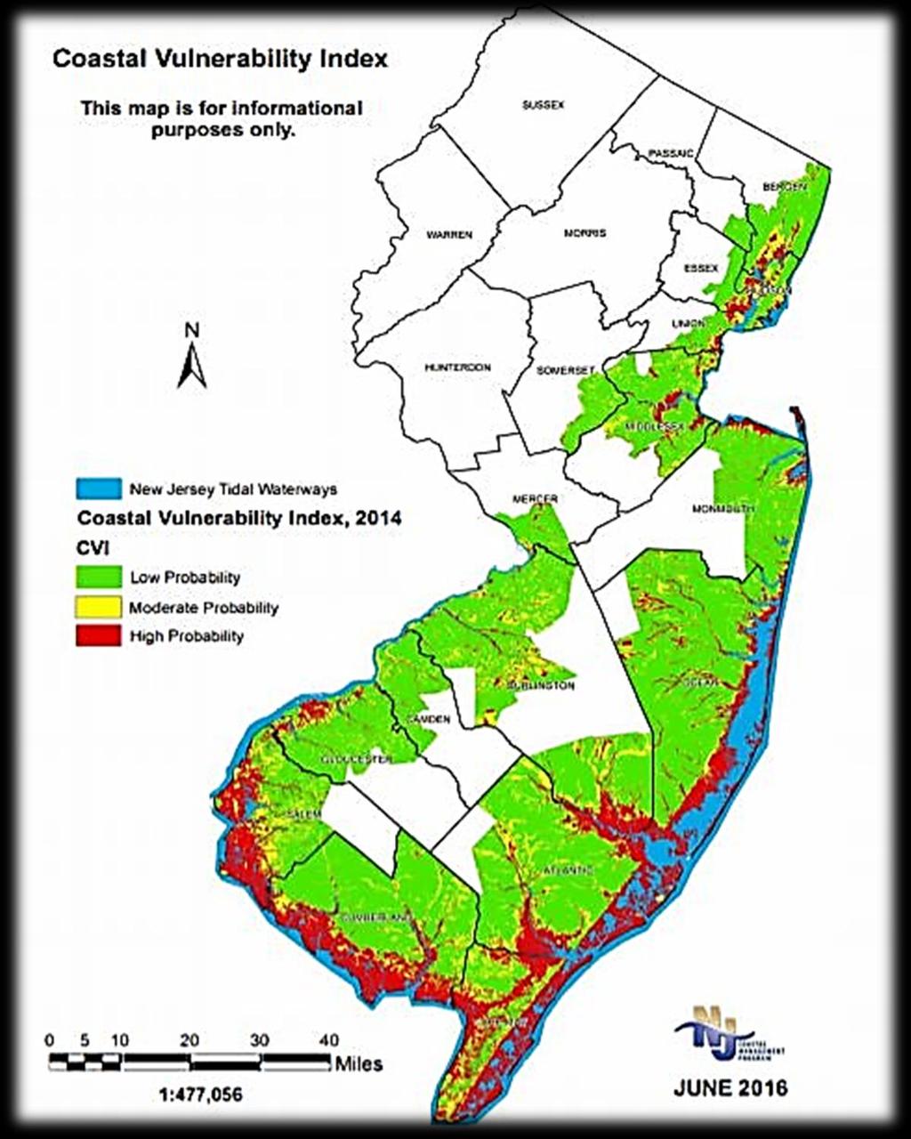 Coastal Vulnerability Index CVI mapping has been prepared for the entire coastal area in New Jersey covering