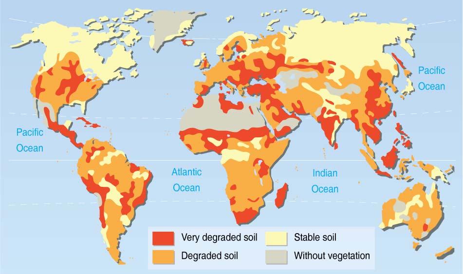 induced soil degradation Pie charts and map show the extent of areas of