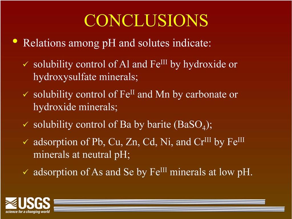 CONCLUSIONS: Relations among ph and solutes indicate dissolved Fe II >> Fe III over range of ph; sulfate complex formation can increase the total dissolved concentrations of Al and Fe III.
