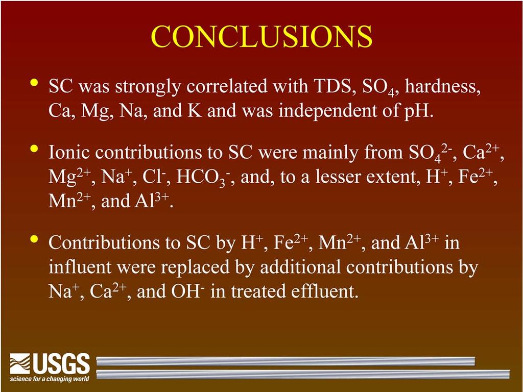 CONCLUSIONS: SC was strongly correlated with TDS, SO 4, hardness, Ca, Mg, Na, and K and was independent of ph.