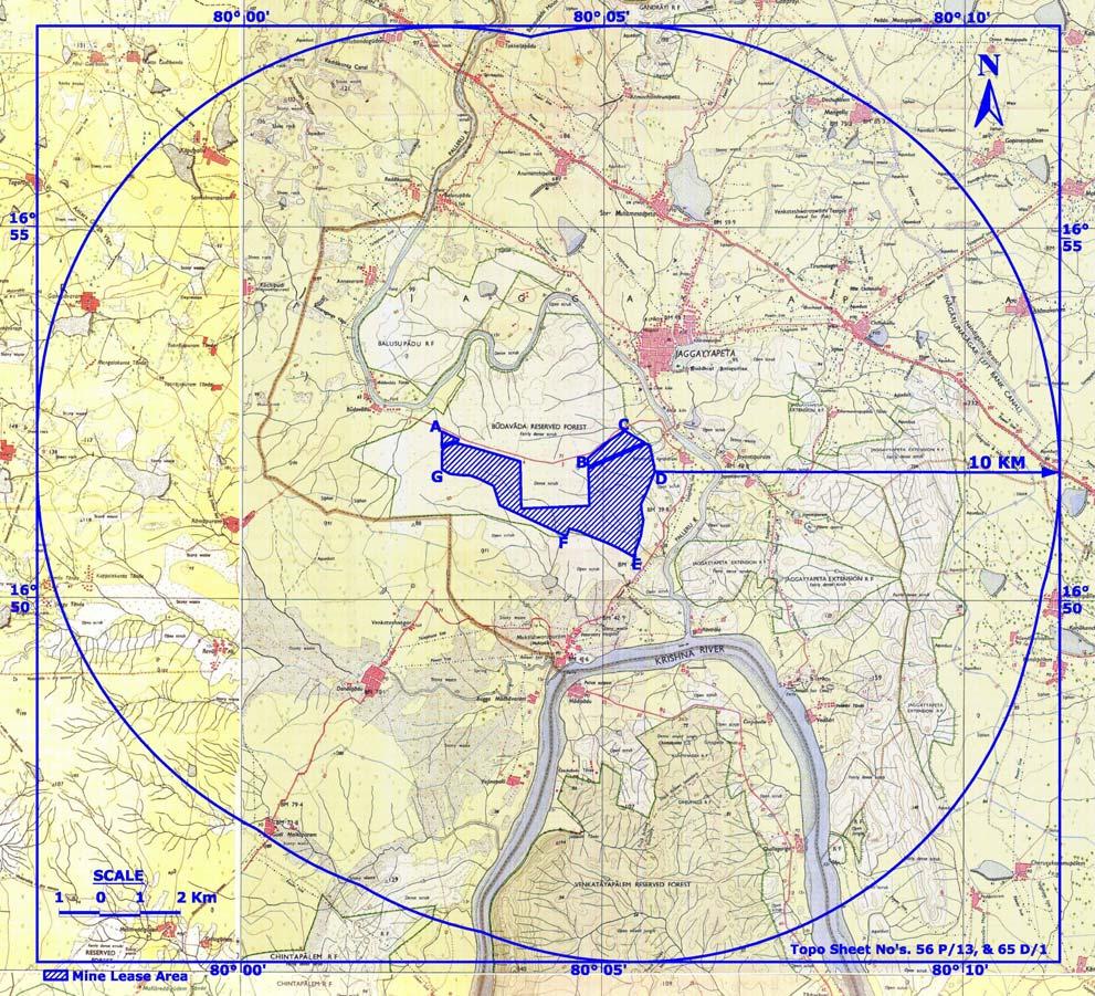 ANNEXURE II STUDY AREA MAP OF 10 KM RADIUS MODIFIED MINING PLAN OF BUDAWADA LIMESTONE MINES ML Boundary co-ordinates : Latitude Longitude A 16 0 52 14.50 N 80 0 02 45.10 E B 16 0 51 52.