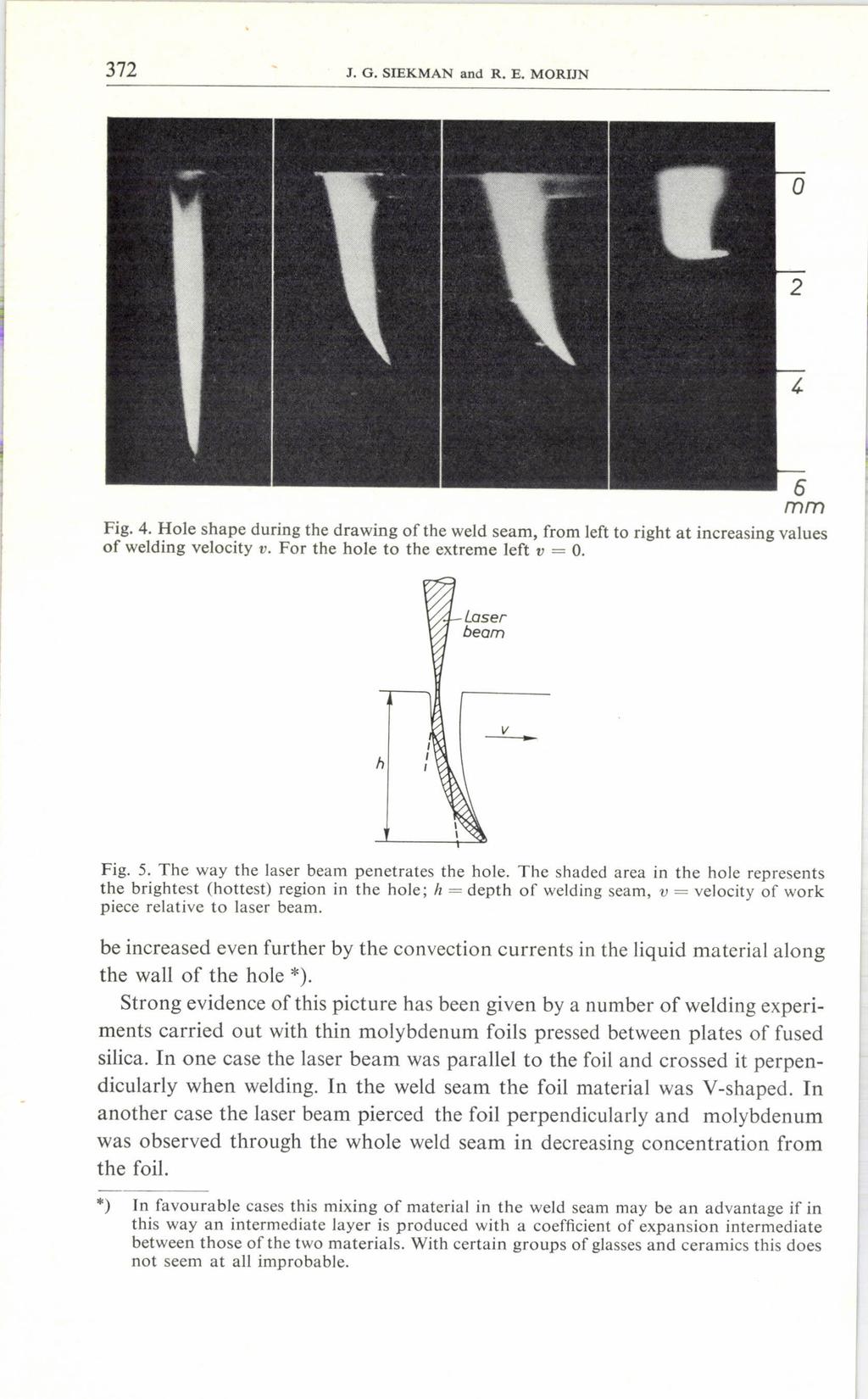 372 J. G. SIEKMAN and R. E. MORIJN Fig. 4. Hole shape during the drawing ofthe weld seam, from left to right at increasing values of welding velocity v. For the hole to the extreme left v = O. Fig. 5.