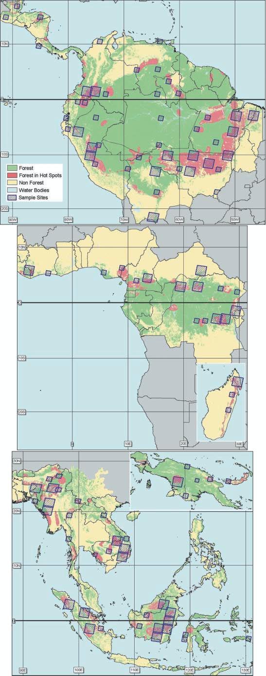 Fig. 1. Locations of the 100 observation sites around the tropics. in Africa, and lowest in Latin America.