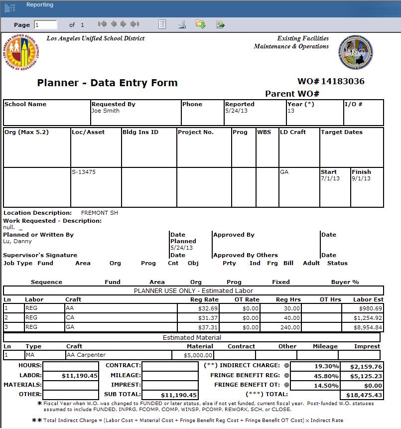 A new BIRT Report Viewer window will appear. Review the Planner Data Entry report. To print, click on the icon. The report will be exported into a PDF file where you can begin the print.