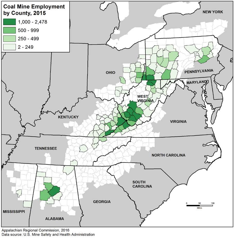 Figure 11. Coal Mining Jobs by County in Appalachia, 2015 As shown in Figure 12 below, a number of counties in the Appalachian Region experienced job losses in coal mining from 2011 to 2015.