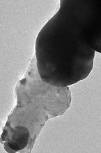 At the TEM image, light area is the uncoated region and dark area is the coated region.
