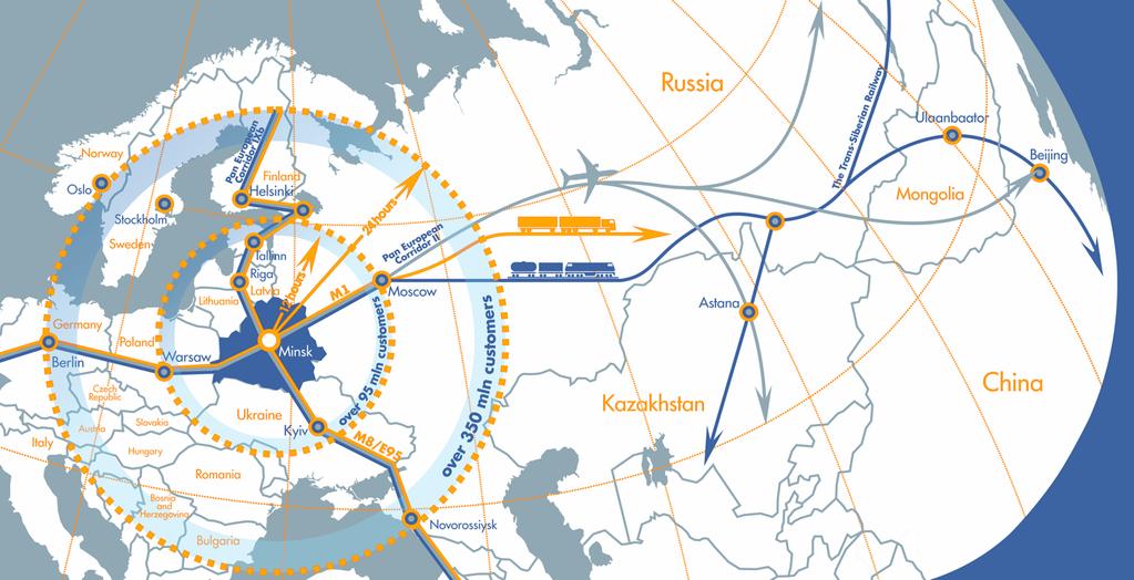 LOCATION EUROHUB ENJOYS EXCELLENT TRANSPORT ACCESSIBILITY ON BOTH GLOBAL AND LOCAL LEVELS AND STRATEGIC LOCATION ON THE NEW SILK ROAD ON THE BORDER OF THE EUROPEAN UNION AND EURASIAN ECONOMIC UNION