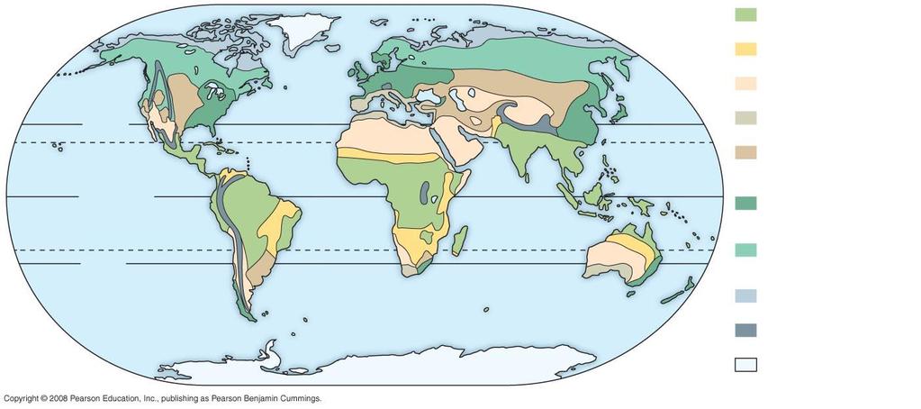 Fig. 52-19 The distribution of major terrestrial biomes Tropical forest Savanna Desert 30ºN Tropic of Cancer Equator Tropic of