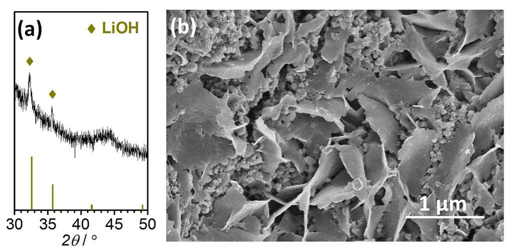Fig. S6 (a) Ex-situ XRD pattern and (b) SEM image of the discharge products after 50 cycles in