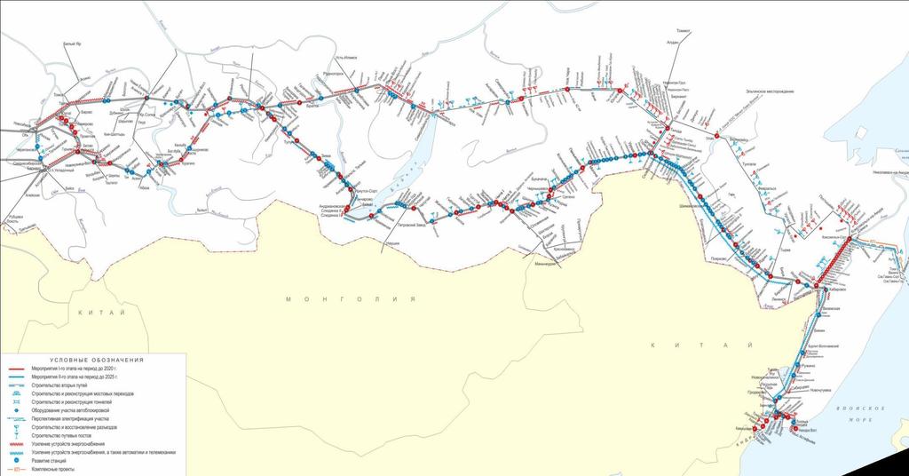 Development of the Trans-Siberian Railway and the Baikal-Amur Mainline Mariinsk Tayshet reconstruction of 7 stations construction of a second bridge across the Yenisei River Tayshet Tynda Bamovskaya