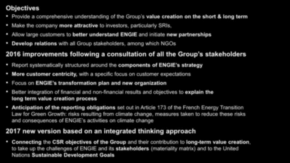ENGIE first among CAC40 companies to publish an Integrated Report Objectives Provide a comprehensive understanding of the Group s value creation on the short & long