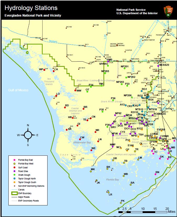 NPS Everglades National Park Hydrological Monitoring of the Everglades and Florida Bay Measures: Stage and precipitation-marsh (67) Water Quality-Marsh Marine Monitoring Network (17) in Florida Bay