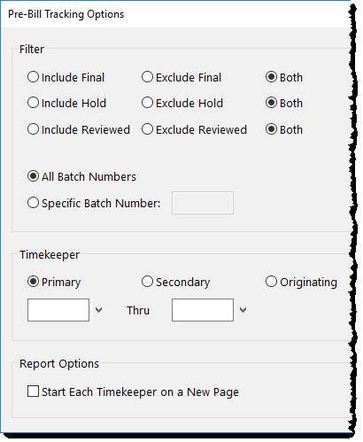 Options include the ability to select the statements on hold, statements outstanding (not reviewed), a specific batch number, and which timekeepers to display.