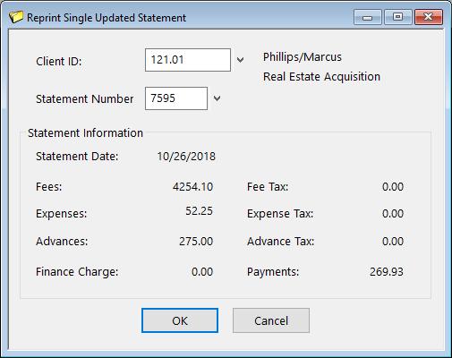 Reprint Single Updated Statement The Reprint Single Updated Statement program allows you to reprint statements one at a time.
