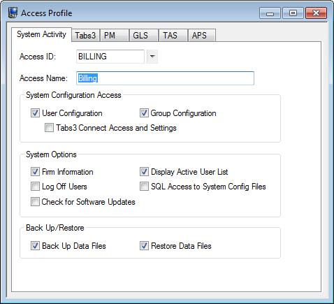Figure 2, Access Profiles - System Activity tab Figure 3, Access Profiles - Tabs3 tab Manager Access Profile A predefined Manager access profile is provided with the software.