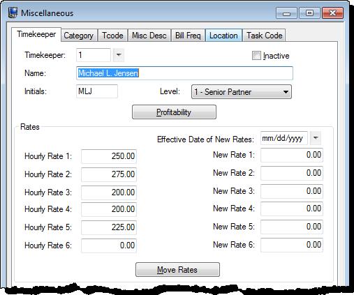 To add a Timekeeper Level 1. In Tabs3 Billing, from the File menu, point to Open and select Miscellaneous. 2. Click the Misc Desc tab. 3. The Timekeeper Levels option is selected by default. 4.