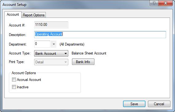 Figure 80, Account tab of GLS Account Setup Figure 81, Report Options tab of GLS Account Setup To add a new account 1. From the GLS menu, click File Open Chart of Accounts. 2.