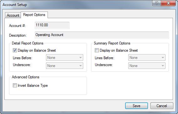 The Account Setup window will be displayed. a. Enter the account Description. b. Specify the Account Type. c. Specify the Print Type. i.
