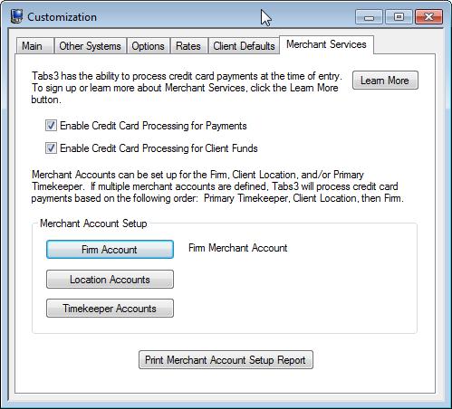 Configuring Advanced Features Credit Card Processing Tabs3 Billing and Tabs3 Trust Accounting allows credit card processing for payment transactions, client funds deposit transactions, and trust
