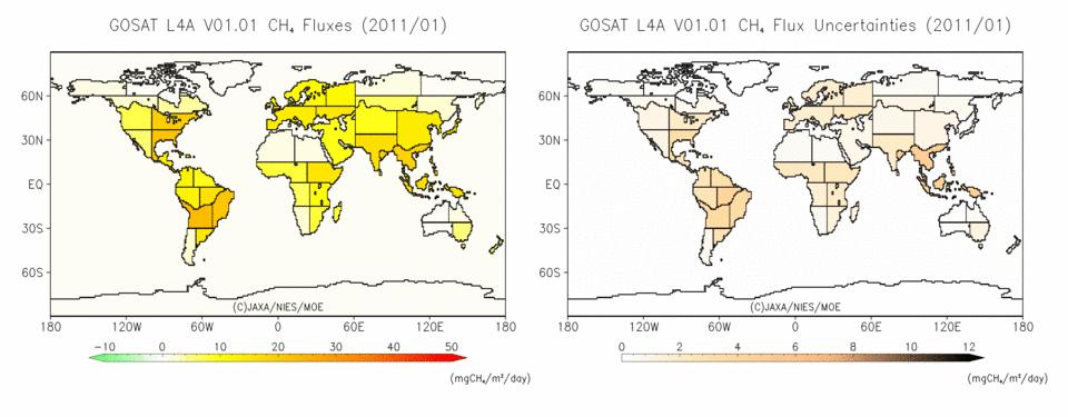 (2) Results of methane flux estimates using both ground-based observations and IBUKI observational data Methane is emitted from a variety of sources, widely distributed throughout the globe.