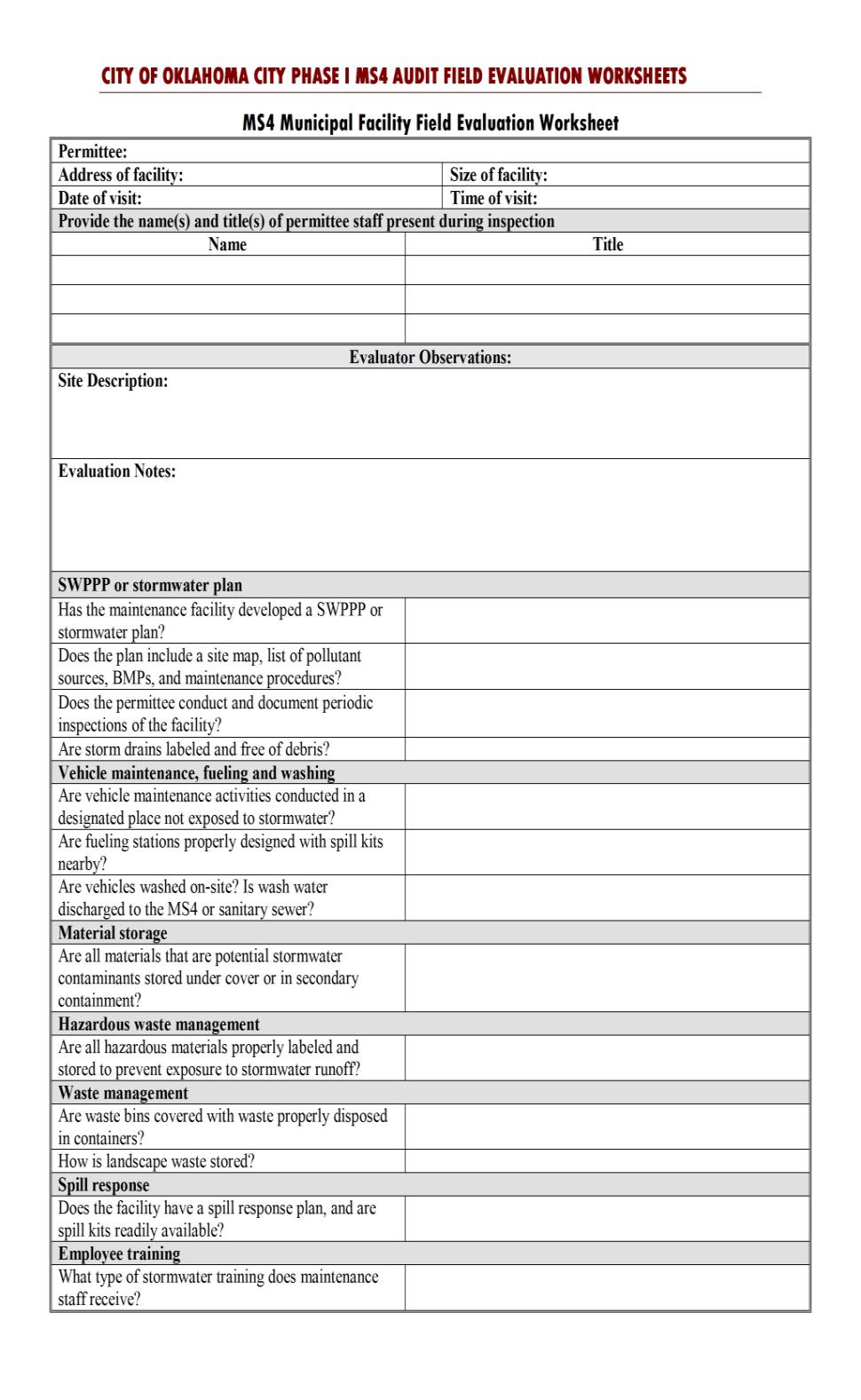 Field Activities Evaluation worksheets used Interaction between MS4 staff, other City departments, and regulated community