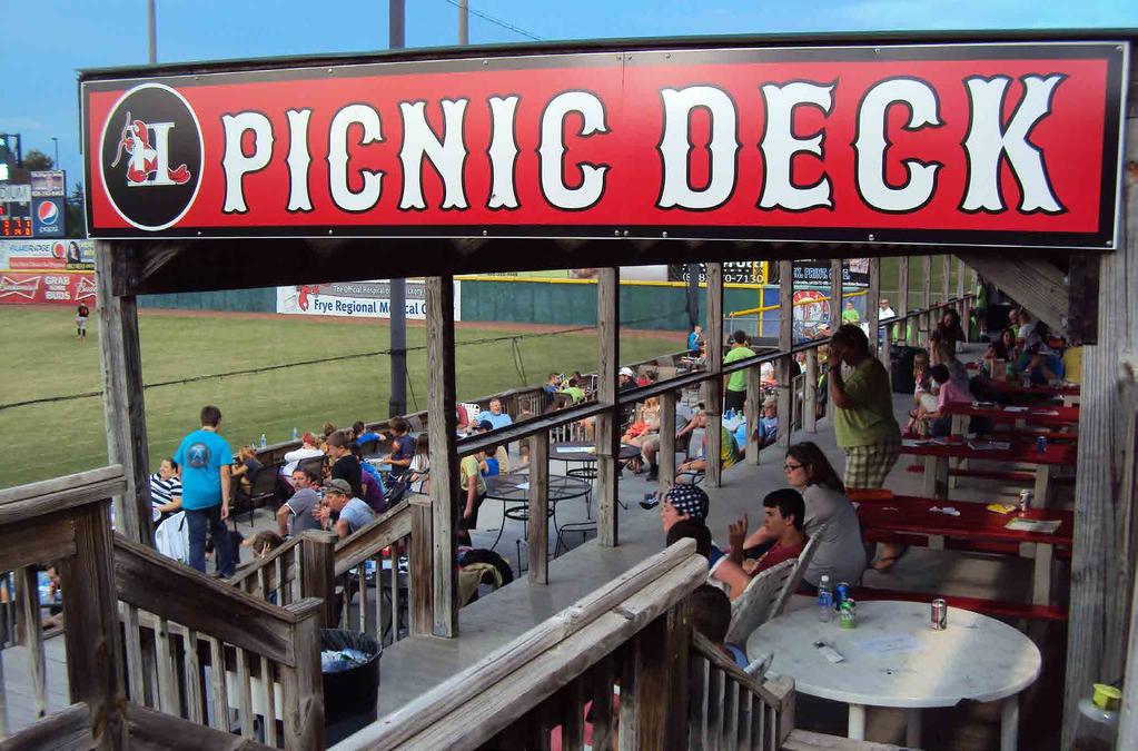 PICNIC DECK Official sponsor of the Crawdads Picnic Deck, located down the right field line 12 x 2 banner across the main entrance of the Picnic Deck Up to 10 x 10 banner on the roof of the deck,