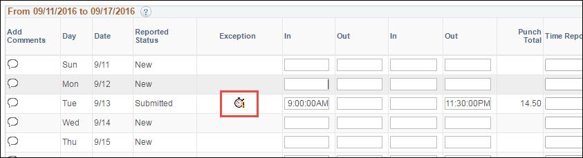 Review Exceptions and Data Entry (the timesheet) You may notice clock evaluated. on the timesheet. This is an exception that needs to be Click on the exception icon to review the exception.