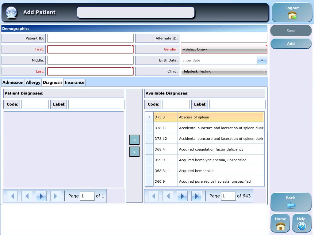 Adding a New Patient Diagnosis Code information can be added on this tab.